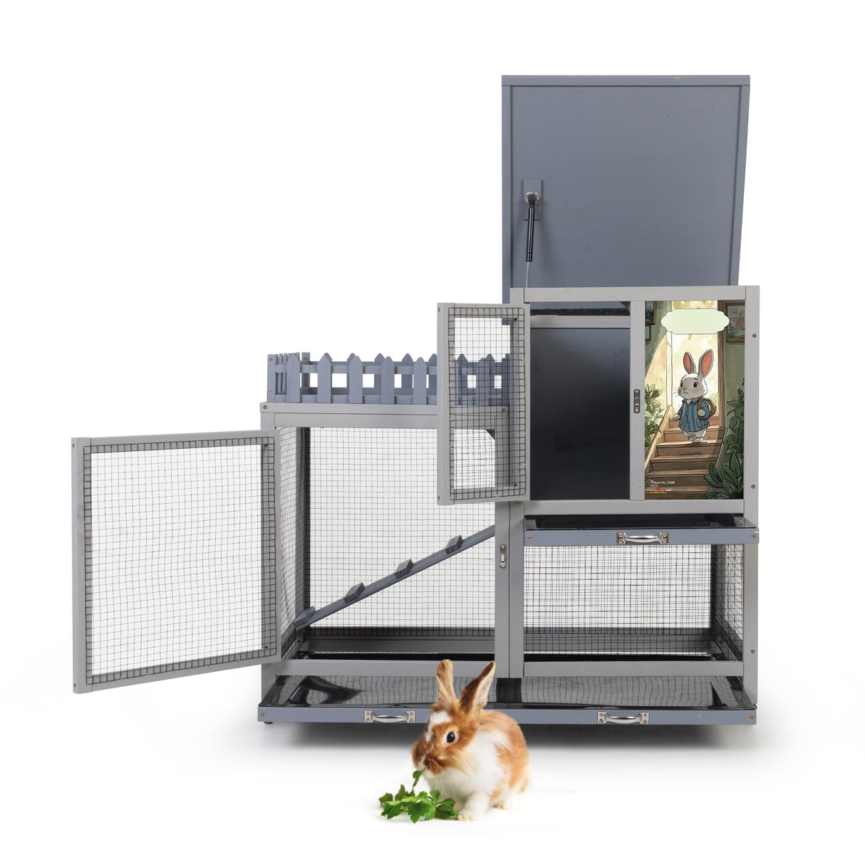 cozivvovv Wood Rabbit Hutch with Balcony - Small Animal House Bunny Cage on Wheels for Indoor Outdoor, Rabbit Cage Included Ramp, Pull Out Tray, (Grey with Pattern) COZIVVOVV