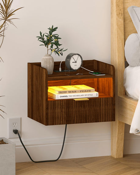 Veegle Floating Nightstand with Charging Station and LED Lights (Walnut Brown) Veegle
