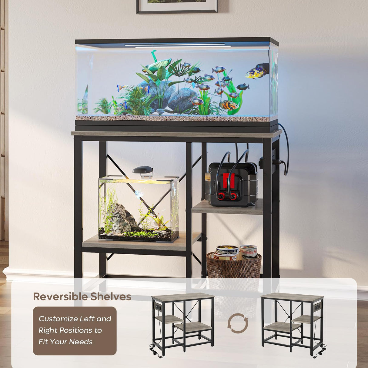 Becuddler 20/30/37 Gallon Fish Tank Stand with Charging Station, 30.7 x 13.8 Metal Aquarium Stand with 3-Tiers Adjustable Storage Shelves, 6-Legs Reptile Terrarium Stand, 400 LBs Becuddler