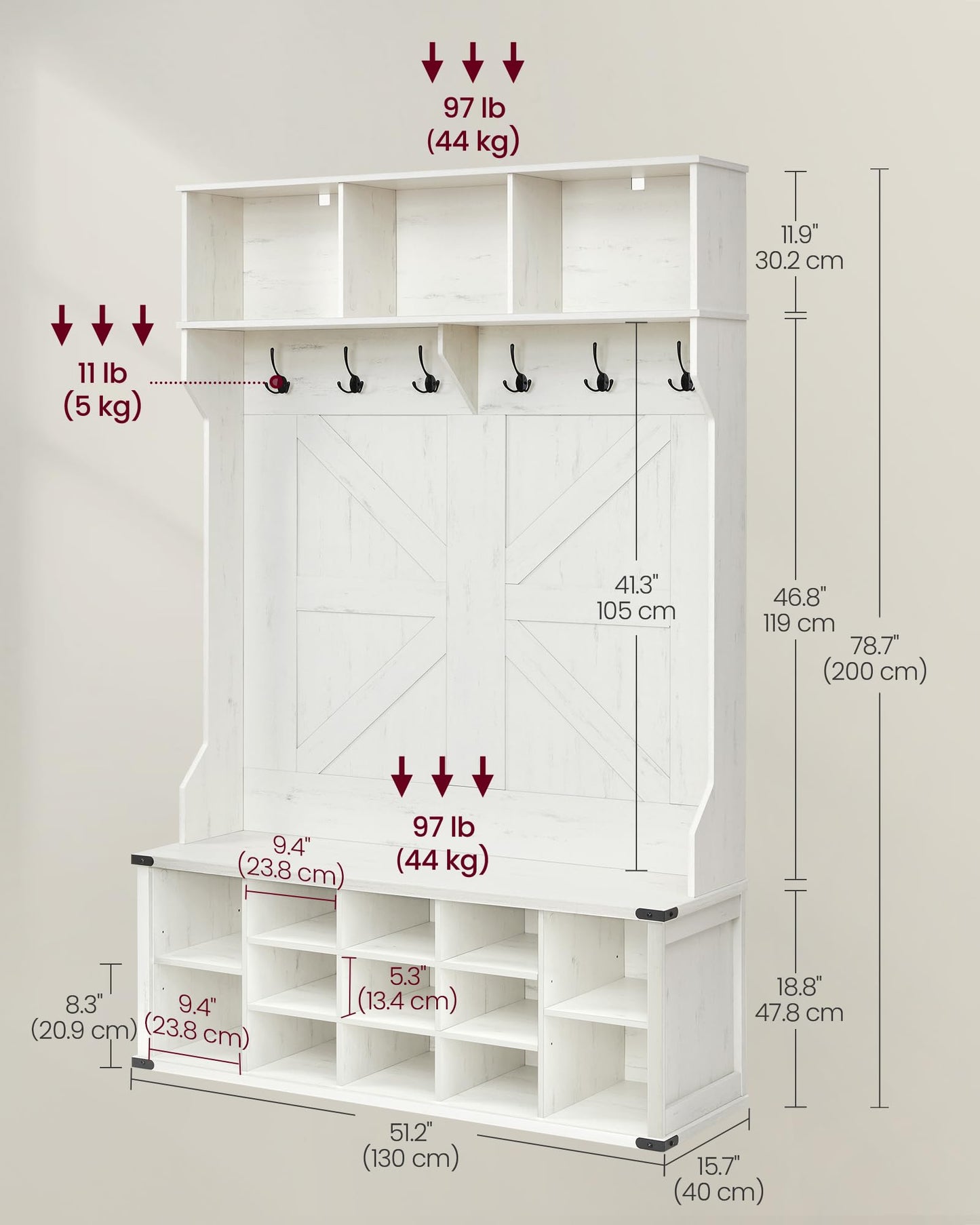 VASAGLE White Hall Tree with Bench and Shoe Storage, Coat Rack with Shoe Bench, Entryway Furniture, 16 Open Compartments & Adjustable Shelf, 6 Tri-Hooks, Farmhouse Wooden Style, Rustic White - WoodArtSupply