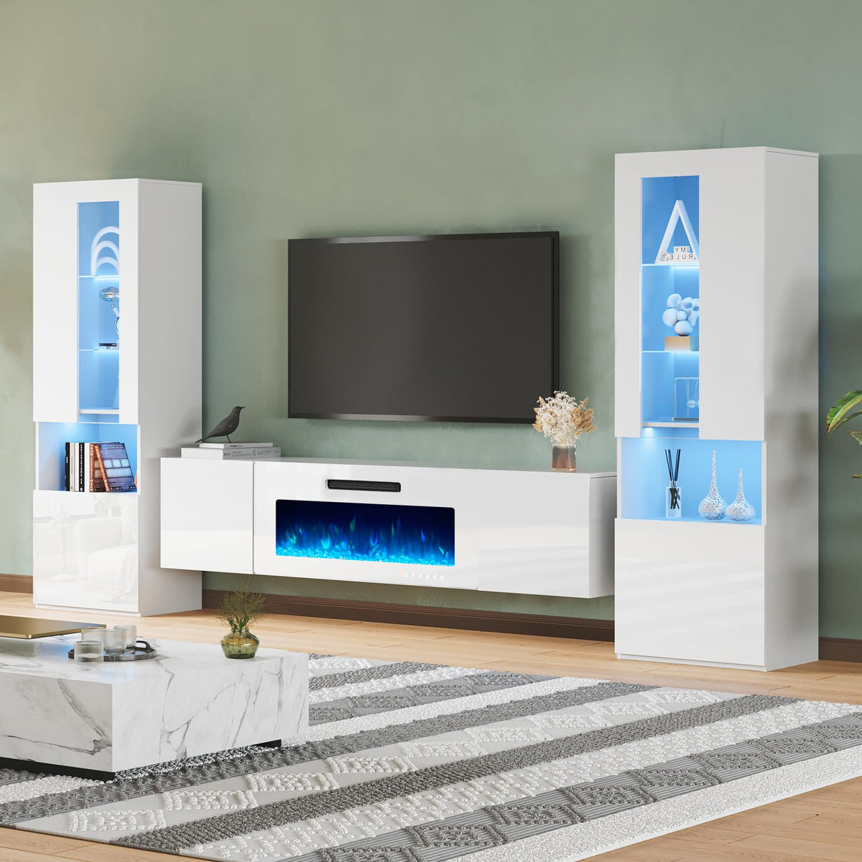 AMERLIFE High Gloss Living Room Entertainment Center with LED Lights, Including Floating Fireplace TV Stand with 40" Electric Fireplace & 2 Bookcases with Glass Doors, All White AMERLIFE
