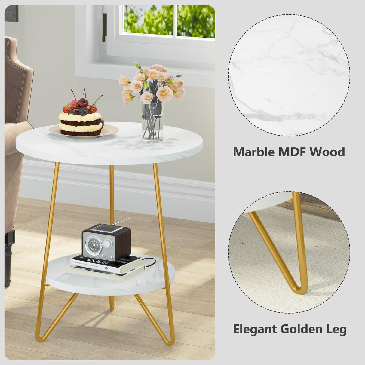 Tribesigns Faux Marble End Table, 2 Tier Round Side Table with Shelves, Modern Gold Nightstand Bedside Table Small Coffee Accent Table for Living Room Bedroom, White and Gold Tribesigns