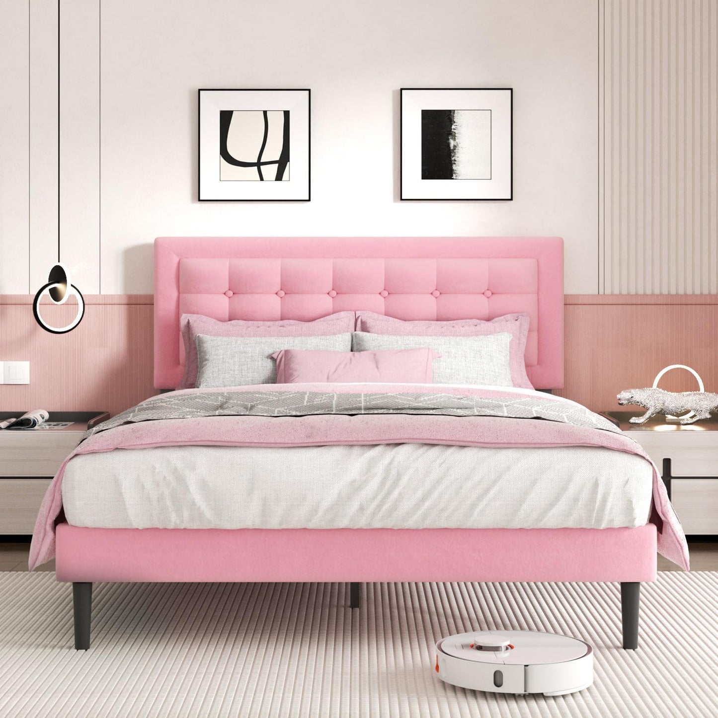 CXVX Queen Size Bed Frame with Headboard, Platform Bed Frame with Velvet Upholstered Button Tufted Headboard, Wood Slats Support, No Box Spring Needed, Mattress Foundation, Easy Assembly, Pink