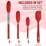 Kaluns Kitchen Tongs for Cooking Grilling Set of 4, BBQ Grill Tongs With Silicone Tip Stainless Steel Heat Resistant, Non-stick Pull Lock, Incl 7, 9, 12 Inch Tong Plus a Silicone Spatula Kaluns