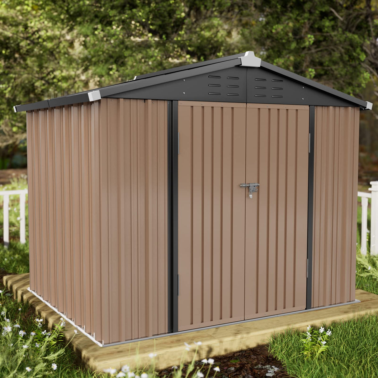 Amopatio 8x6 FT Outdoor Storage Shed, Waterproof Storage Building, Sturdy Tool Shed for Garden/Backyard, Brown Amopatio