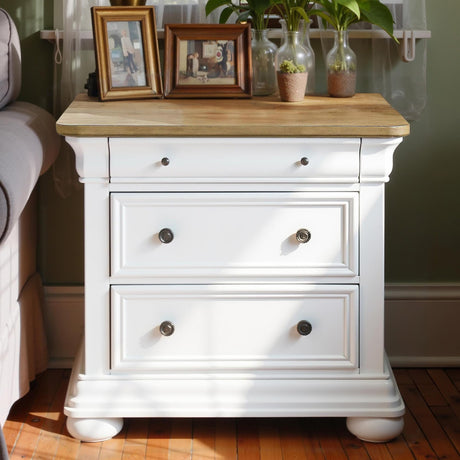 AMERLIFE Fully Assembled Solid Wood Nightstand, 30" Wide Vintage Farmhouse Bedside Table with USB Ports & 3 Drawers Storage, Sofa End Table for Bedroom, Living Room, Antique White AMERLIFE