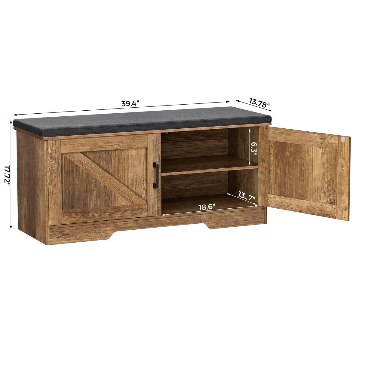 HOMSHO 2-Tier Storage Bench, Shoe Bench with Padded Seat Cushion, Entryway Bench with 2 Barn Doors, Adjustable Shelf, 13.8" D x 39.4" W x 17.7" H, for Entryway, Living Room, Bedroom, Rustic Walnut HOMSHO