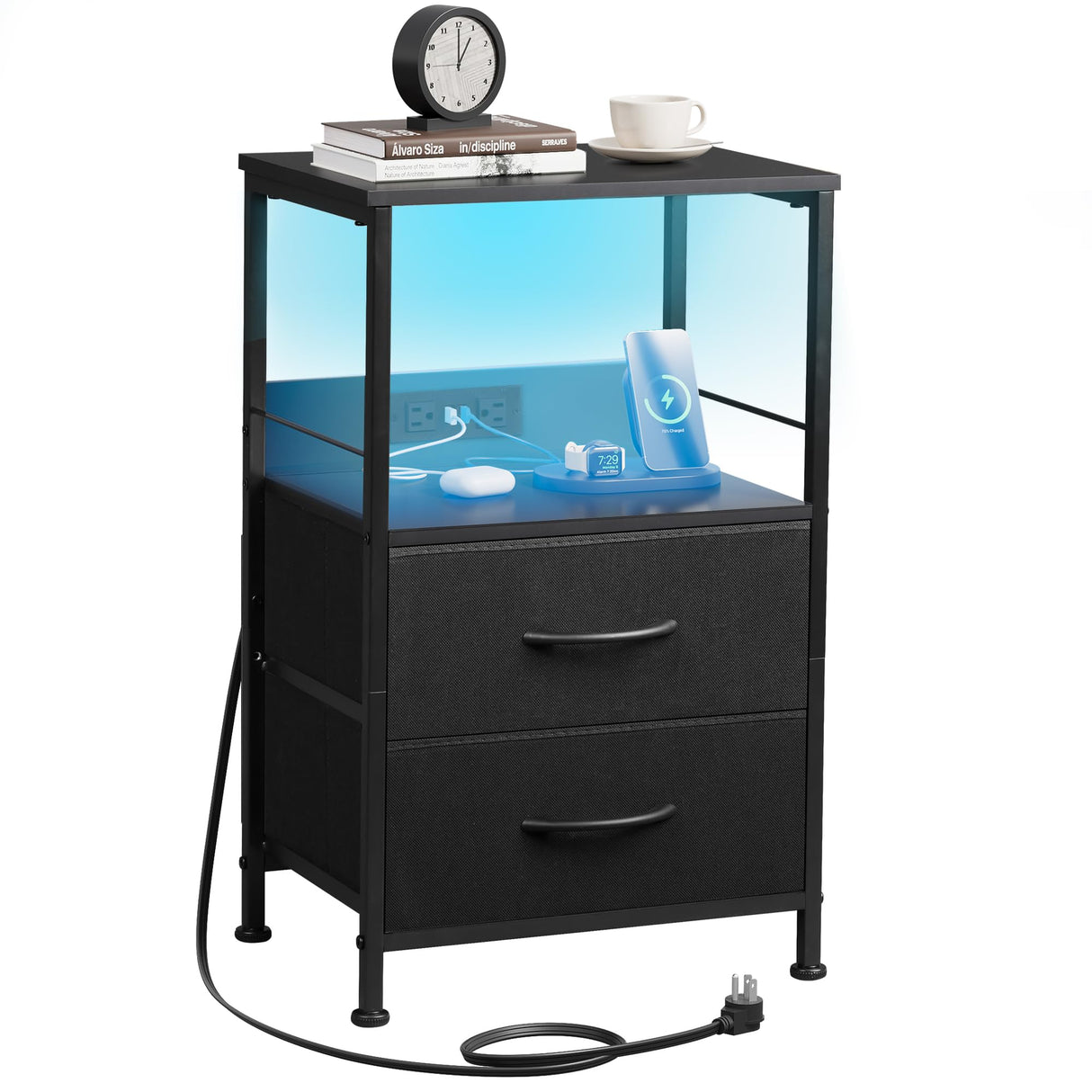 WLIVE Night Stand with Charger Station, Black Nightstand with 2 Fabric Drawers and Storage Shelf, LED Bedside Table, Bedroom Small End Tables with 3 USB Ports and 2 AC Outlets WLIVE