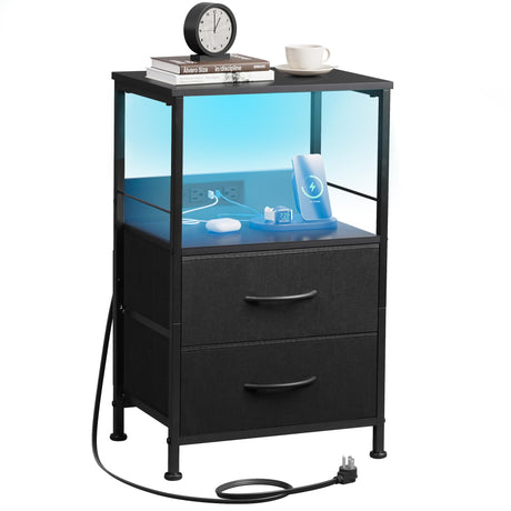WLIVE Night Stand with Charger Station, Black Nightstand with 2 Fabric Drawers and Storage Shelf, LED Bedside Table, Bedroom Small End Tables with 3 USB Ports and 2 AC Outlets WLIVE