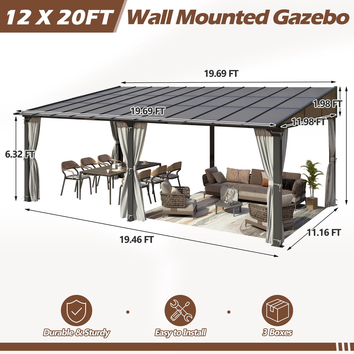 Raysfung 12 x20FT Outdoor Wall-Mounted Hardtop Gazebo, Aluminum Frame Lean to Gazebo with Polycarbonate Roof and Curtains for Patio, Garden, Deck Raysfung