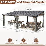 Raysfung 12 x20FT Outdoor Wall-Mounted Hardtop Gazebo, Aluminum Frame Lean to Gazebo with Polycarbonate Roof and Curtains for Patio, Garden, Deck Raysfung