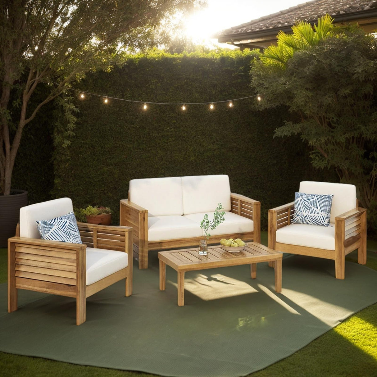 4-Piece Patio Furniture Set: Outdoor Acacia Wood Patio Furniture Set with Loveseat, Sectional Sofa & Coffee Table with Premium Cushions, Durable Conversation Set for Backyard, Garden (4, brown) Usiseem