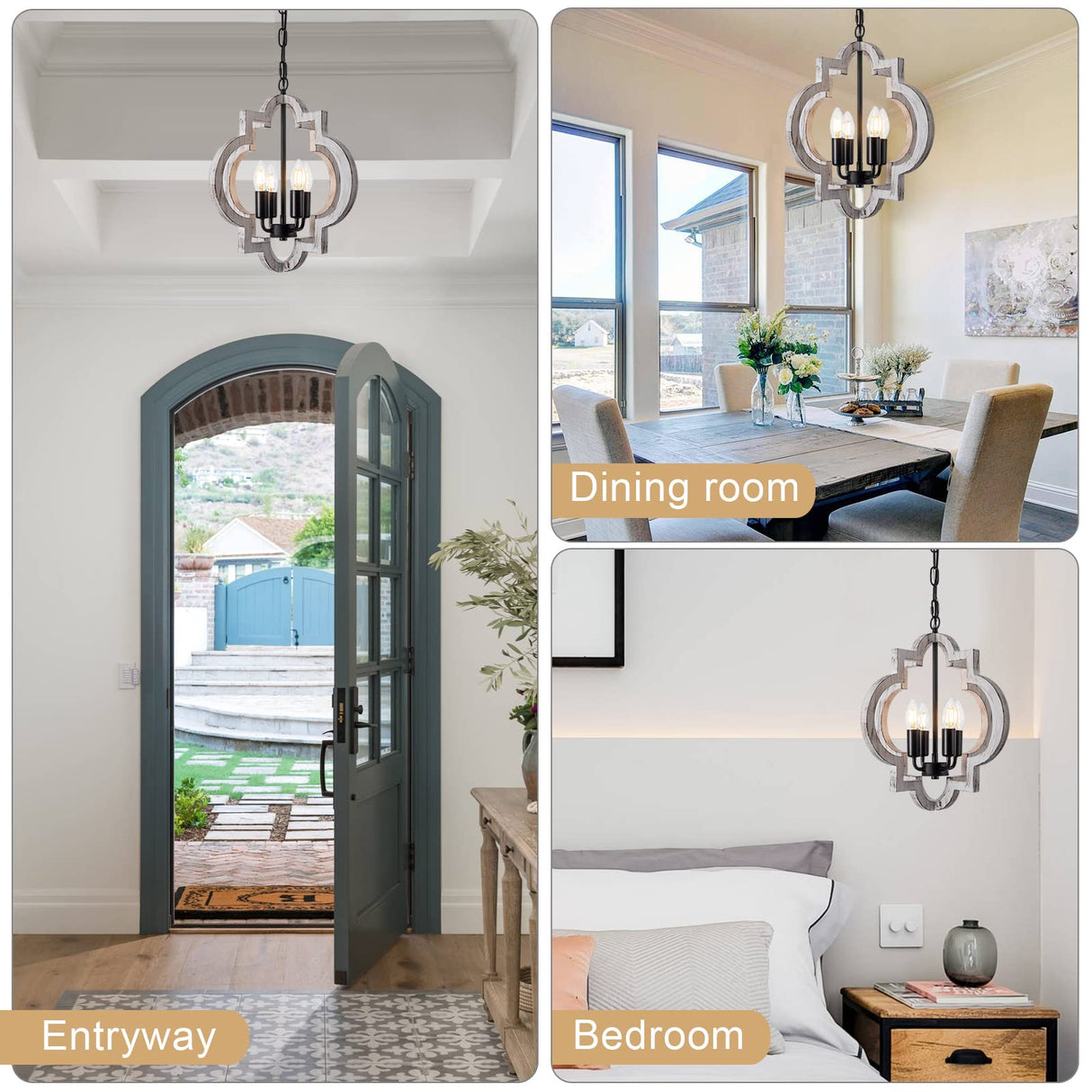 lighceac 4-Light 15" Farmhouse Orb Chandelier Rustic Handmade Distressed White Wood Hanging Ceiling Pendant Light Fixture Wood Lantern Chandeliers for Dining Room Kitchen Bedroom Foyer Hallway lighceac