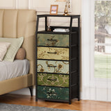 Furnulem Retro 5 Drawers Dresser, Tall Dressers for Bedroom, Closet, Hallway, Nursery, Fabric Storage Tower Organizer, Vertical Nightstand Side Table Furniture, Steel Frame, Wood Top Furnulem