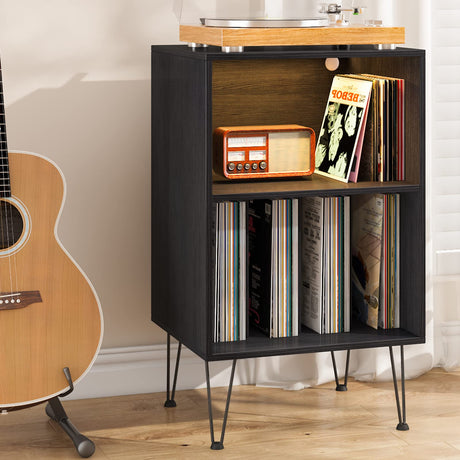 HOMMPA Record Player Stand with LED Lights Record Storage Stand Vinyl LED Record Storage Cabinet with Metal Hairpin Legs Record Player Table Holds Up to 150 Albums for Living Room Bedroom Black HOMMPA