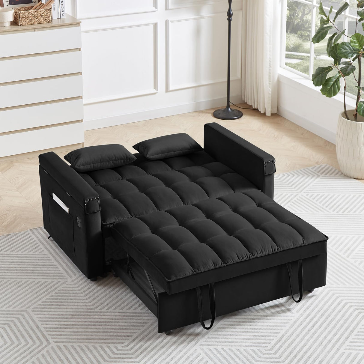 Convertible Sofa Bed,3-in-1 Velvet Sleeper Couch Pull-Out Bed,55'' Loveseat Sleeper Sofa Bed with Adjustable Backrest with 2 Pillows and Storage Bag & USB Port and Hidden Side Computer Table,Black WIIS' IDEA