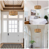 Rattan Drum Chandeliers for Dining Room Light Fixture, 6-Light Hand Woven Farmhouse Chandelier with Wicker Shade Coastal Large Pendant Lights Boho Chandeliers for Kitchen Living Room Foyer Entryway ANKYLHUA