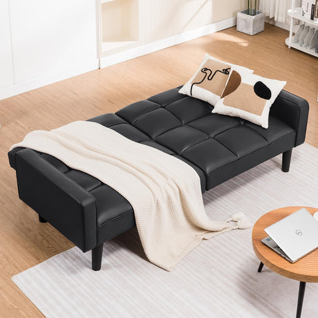 COMHOMA 76 inch Futon Sofa Bed,Mid Century Modern Futon Couch with Adjustable Backrest,Fabric Convertible Sofa Cama,Folding Sleeper Sofa for Living Room,Bedroom (Black) COMHOMA