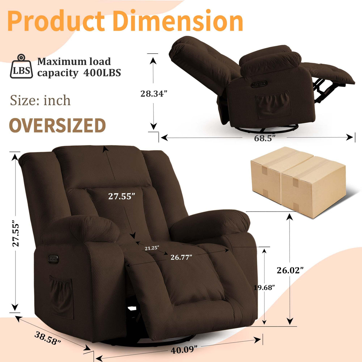 Korser Oversized Power Recliner Chair, Swivel Rocking Chair for Adults, Electric Glider Reclining with Massage and Heating, Waffle Fabric Rocker Recliner with Side Pockets for Living Room, Bedroom Korser