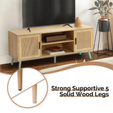 Modern TV Stand for 65 Inch TV, Entertainment Center with 2 Storage Cabinets and Adjustable Shelf, Solid Wood Feet, 4 Cord Holes, Groove Wave Media TV Console Table for Living Room Bedroom (Natural) Generic