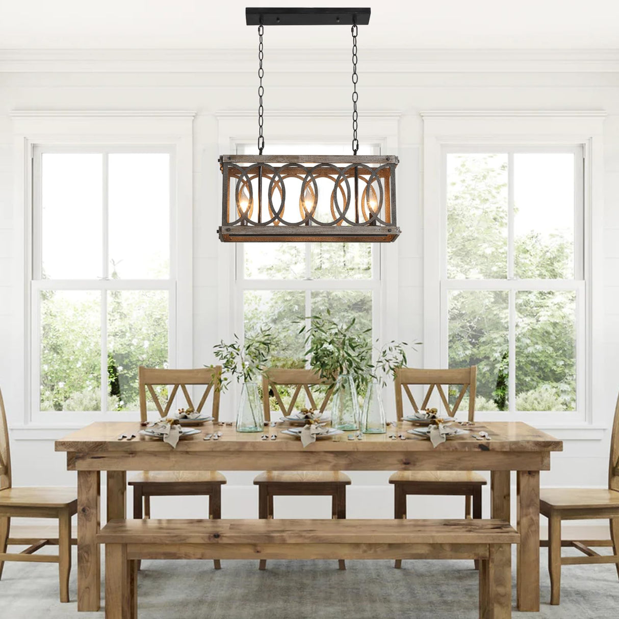 PHILOMENA Antique Wood Farmhouse Chandelier, 3-Light Rustic Bronze Cage Rectangular Dining Room Light Fixtures Over Table, Rectangle Linear Foyer Pendant Lamp Ceiling Hanging PHILOMENA