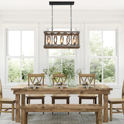 PHILOMENA Antique Wood Farmhouse Chandelier, 3-Light Rustic Bronze Cage Rectangular Dining Room Light Fixtures Over Table, Rectangle Linear Foyer Pendant Lamp Ceiling Hanging