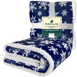 PAVILIA Premium Christmas Sherpa Throw Blanket | Blue Snowflake Decoration, Fleece, Plush, Warm, Cozy Reversible Microfiber Holiday Blanket 50 x 60 Inches PAVILIA