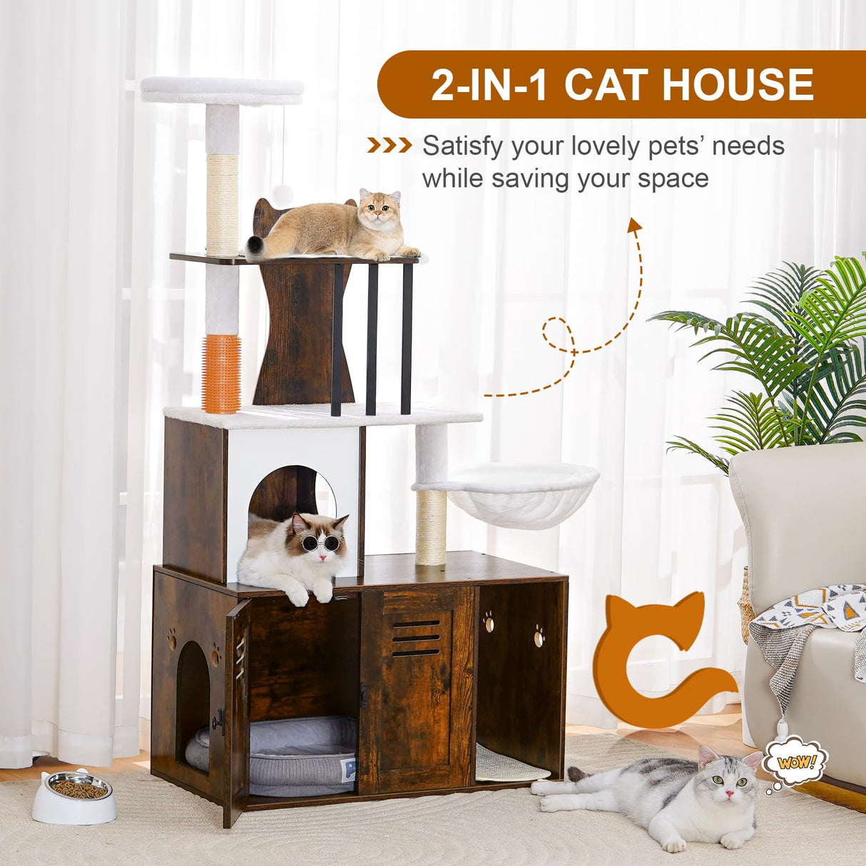 Snughome Cat Tree with Litter Box Enclosure Furniture, 2-in-1 Modern Cat Tower, 58.66’’ Wood Cat Condo with Scratching Post and Hammock, Pet Furniture with Large Platform, Rustic Brown Snughome