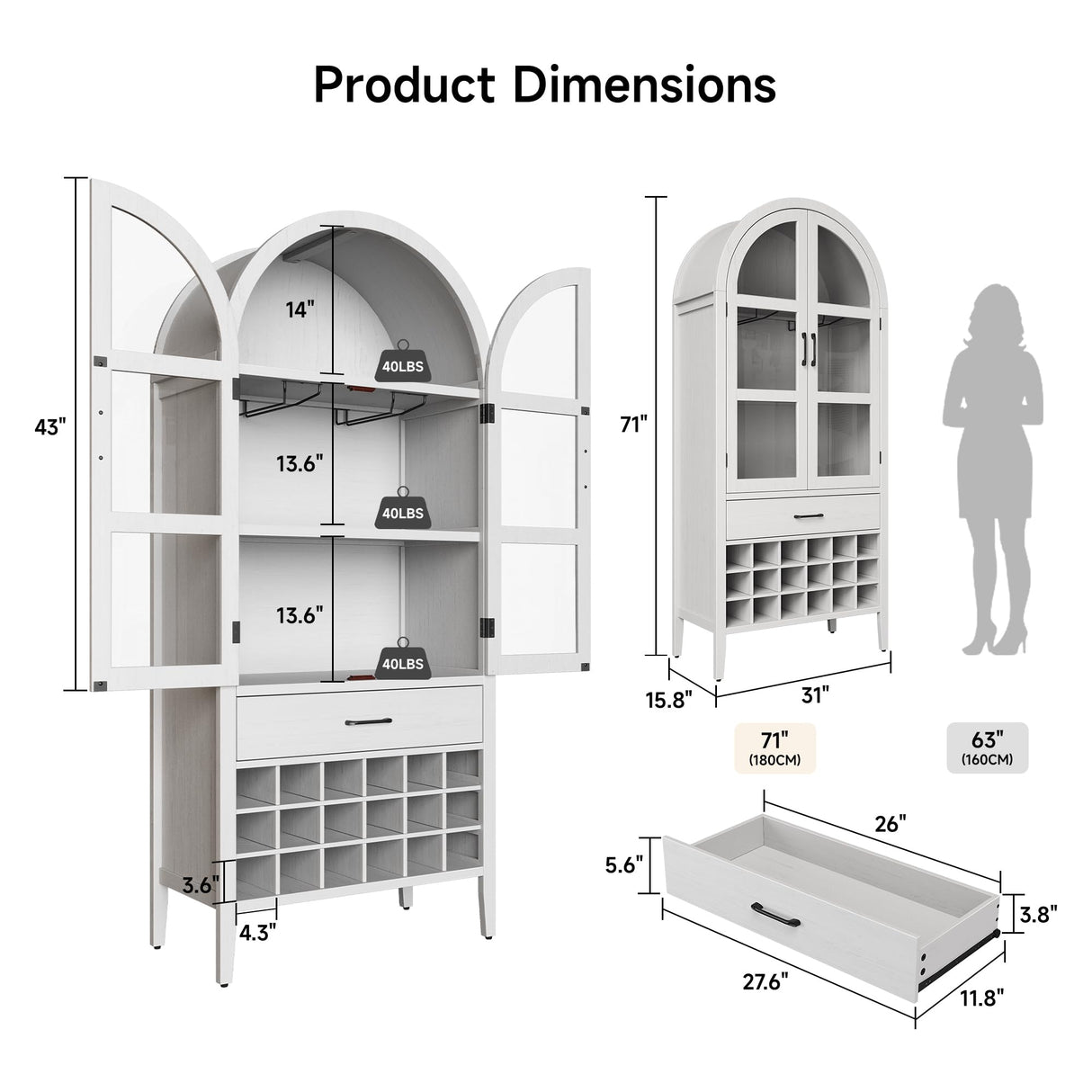 ONBRILL 71" Tall Wine Bar Cabinet, Arched Storage Cabinets with Door, Whiskey Station with Wine Rack and Glass Holder, Liquor Bar Cabinet for Home Kitchen Living Dining Room (Off White) ONBRILL