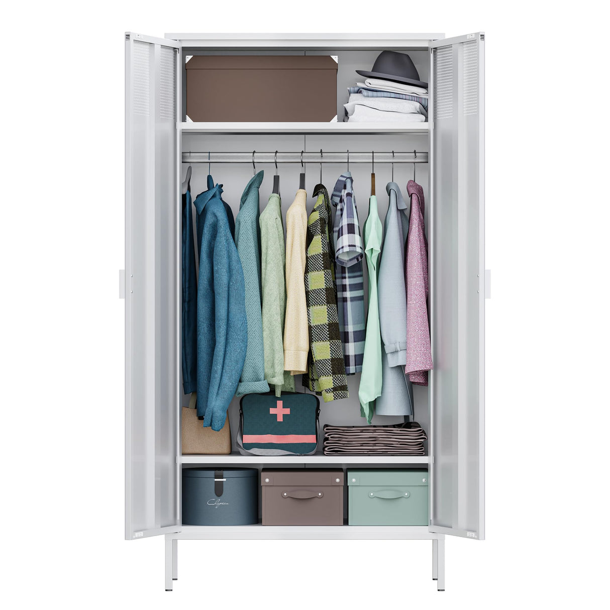 Ustamio White Metal Wardrobe Cabinet with Hanging Rod, Metal Armoire Wardrobe Closet with Doors for Bedroom, Office, Laundry Room and Changing Room, Metal Locker Cabinet Ustamio