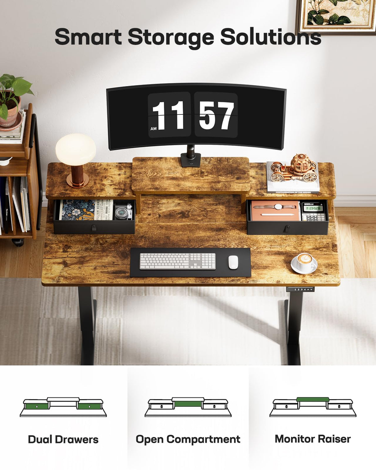 Marsail Electric Standing Desk with Drawers, 55″ x 28″ Height Adjustable Sit Stand Up Desk with Storage Shelf, Ergonomic Home Office & Computer Table with 4 Memory Heights, Rustic Brown Marsail