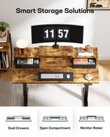 Marsail Electric Standing Desk with Drawers, 55″ x 28″ Height Adjustable Sit Stand Up Desk with Storage Shelf, Ergonomic Home Office & Computer Table with 4 Memory Heights, Rustic Brown Marsail