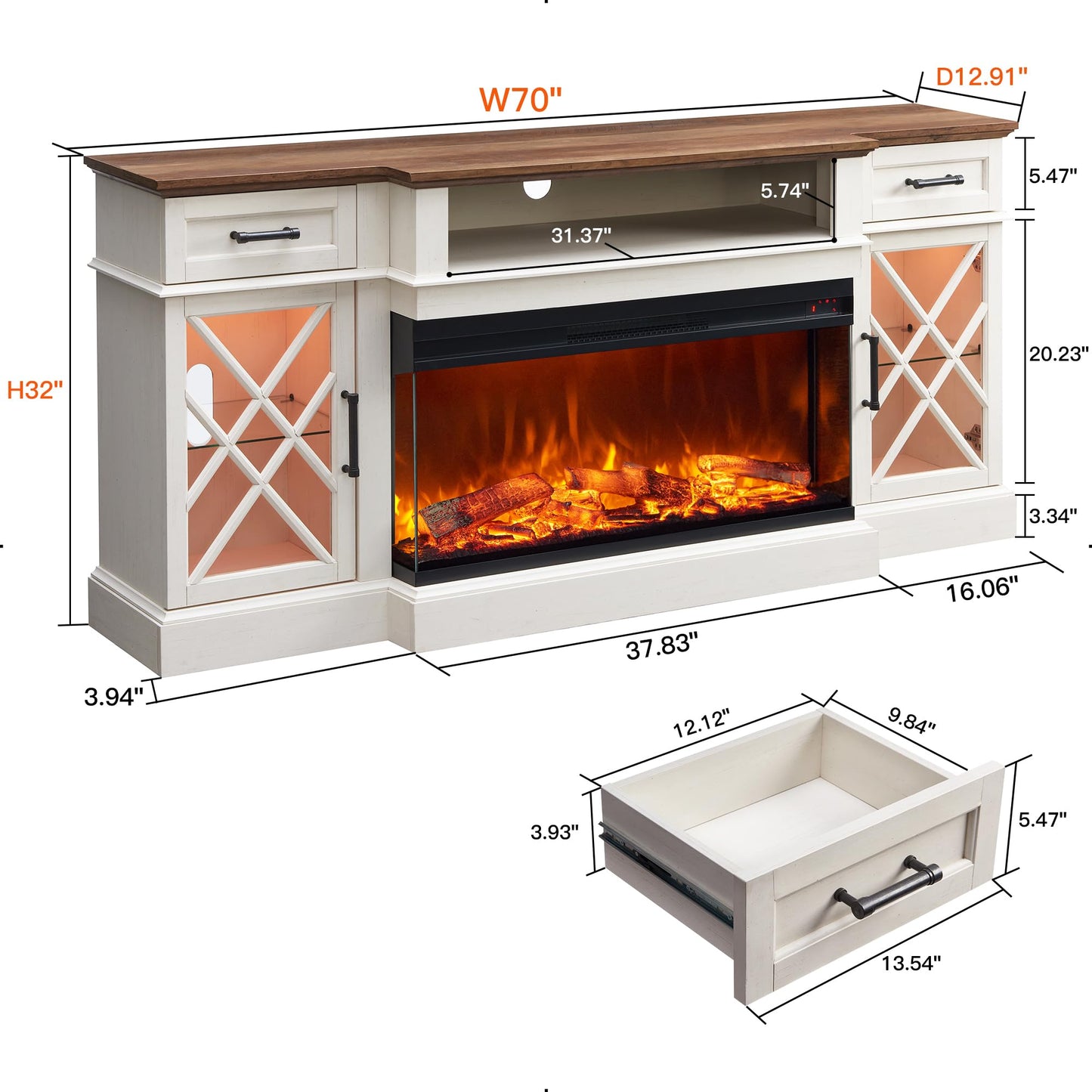 OKD Farmhouse TV Stand with Fireplace, 70'' Entertainment Center Stand with 36" 3-Sided Glass Electric Fireplace for TVs Up to 80 in, with 2 Drawers & 2 Storage Cabinet for Living Room, Antique White