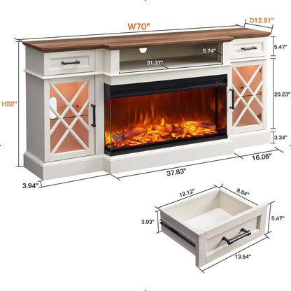 OKD Farmhouse TV Stand with Fireplace, 70'' Entertainment Center Stand with 36" 3-Sided Glass Electric Fireplace for TVs Up to 80 in, with 2 Drawers & 2 Storage Cabinet for Living Room, Antique White