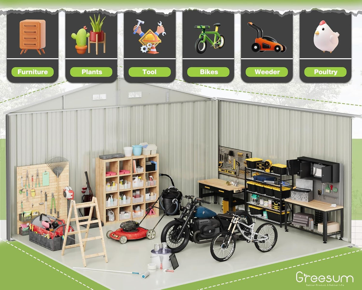 Greesum 10x8FT Outdoor Storage Shed, Utility Tool Shed Metal Storage Garden Shed with Door & Lock for Patio Storage, Gray Greesum