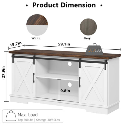 IDEALHOUSE Farmhouse Tv Stand for 65 Inch TVs, Entertainment Center with Sliding Barn Doors and Adjustable Shelf, Modern Storage Media TV Console TV Stand Table for Living Room, Bedroom, White