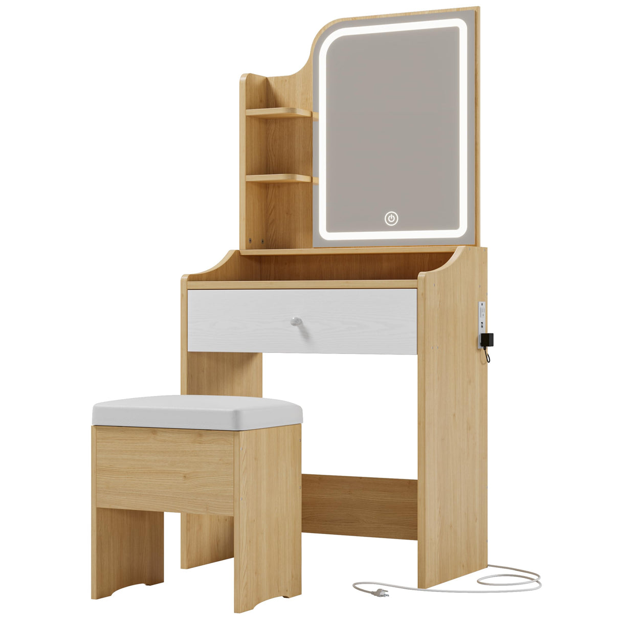 LIKIMIO Small Makeup Vanity Desk with Mirror and Lights, Vanity Table Set with Storage Drawer, Chair and Three Shelves, Bedroom, Wood LIKIMIO