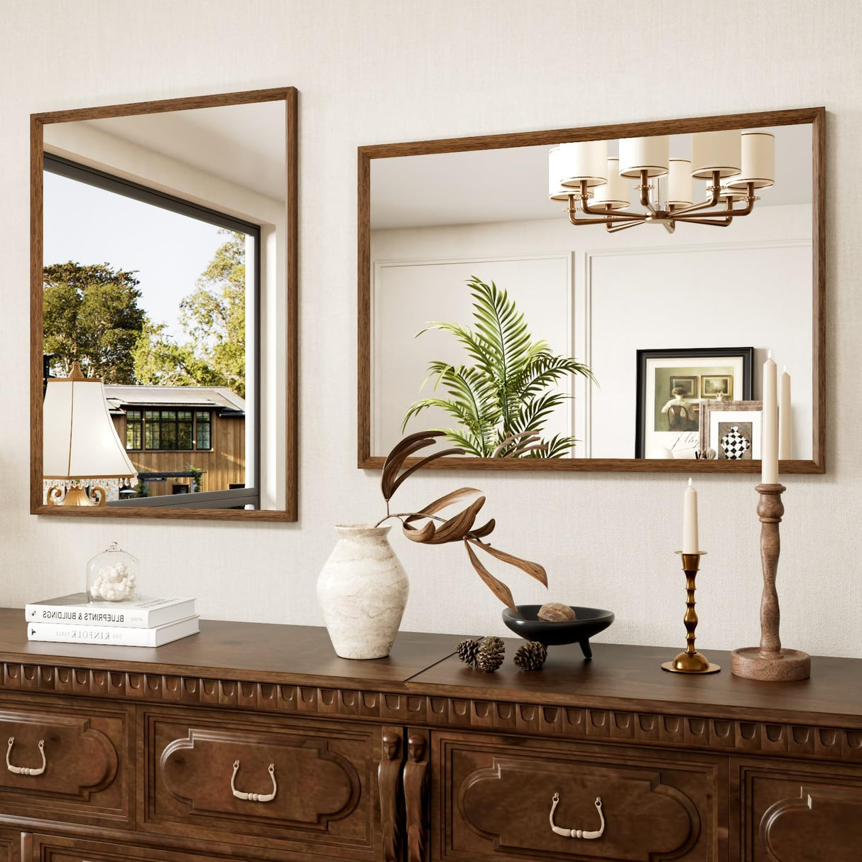 JISOSO 24X36 Inch Bathroom Mirror, Rectangular Bathroom Vanity Mirror, Walnut Wood Grain Framed Mirror for Wall, Tempered Glass, Anti-Rust, Horizontal/Vertical JISOSO