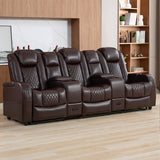 Attliahome Home Theater Seating, Recliner Sofa PU Leather with Central Console and 3 Pillows, Wall Hugger Recliners & 135° Reclining Theater Seats (Row of 3,Brown) Attliahome