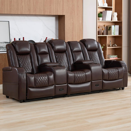 Attliahome Home Theater Seating, Recliner Sofa PU Leather with Central Console and 3 Pillows, Wall Hugger Recliners & 135° Reclining Theater Seats (Row of 3,Brown) Attliahome
