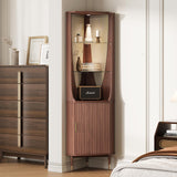 70" Tall Corner Bar Cabinet, Mid-Century Modern Fluted Storage Cabinet with Glass Shelves, Door & LED Lighting, Space-Saving Liquor Cabinet for Living Room, Kitchen, or Dining Room, Walnut JOINICE