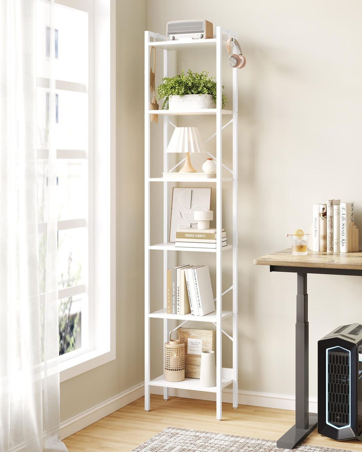 Hzuaneri Bookshelf, Book Shelf, Industrial Bookcase with 2 Hooks, Coner Shelf Storage Organizer for Home Office, Living Room, Bedroom, Kitchen, 6-Tier White BC10713W Hzuaneri