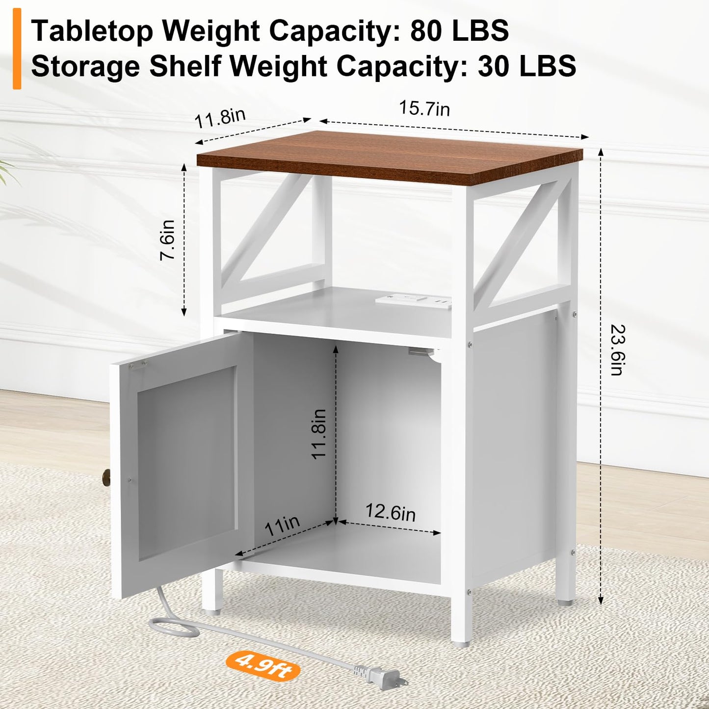 Farmhouse-Bed-Side-Table with Charging Station & Storage Shelf, White Small Nightstand with Barn Door for Bedroom Living Room, Modern Wood Sofa Couch End Table with Power Outlet & USB Ports - WoodArtSupply