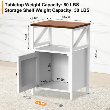 Farmhouse-Bed-Side-Table with Charging Station & Storage Shelf, White Small Nightstand with Barn Door for Bedroom Living Room, Modern Wood Sofa Couch End Table with Power Outlet & USB Ports - WoodArtSupply