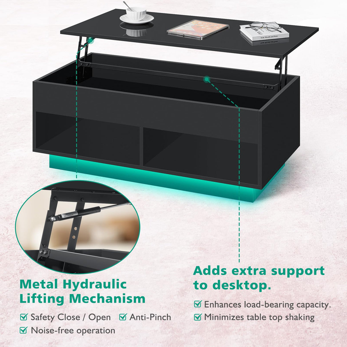 HOMMPA 40" Modern LED Coffee Table with Storage for Living Room, Lift Top Coffee Table with 2 Shelves, High Glossy Wooden Dining Table, Multifunctional Furniture for Bedroom Home Office, Black HOMMPA