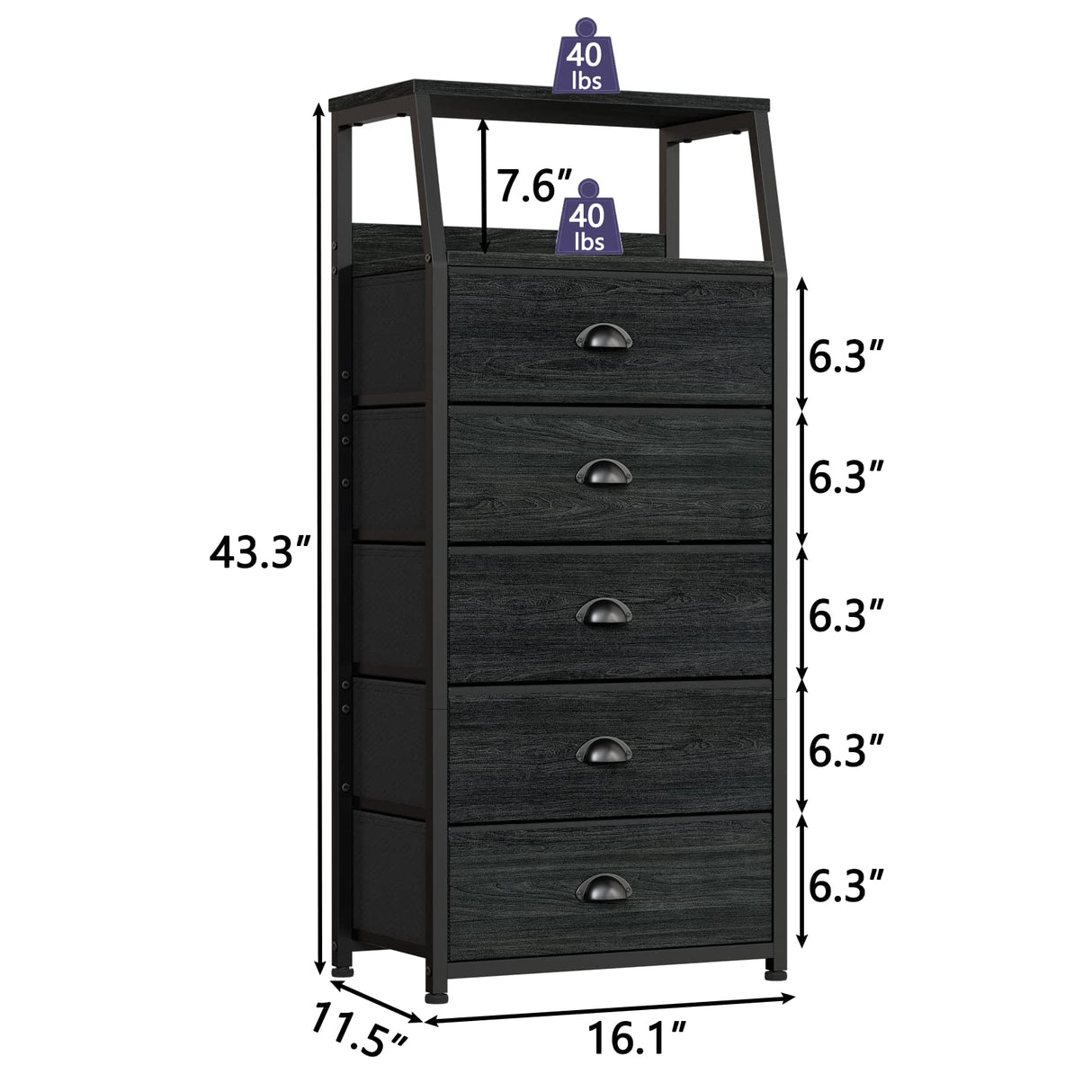 Furnulem Black Dresser with 5 Drawers, Vertical Storage Tower Fabric Dresser for Bedroom, Hallway, Entryway, Nursery, Closet Organizer, Nightstand Bedside Table Furniture, Sturdy Steel Frame, Wood Top Furnulem