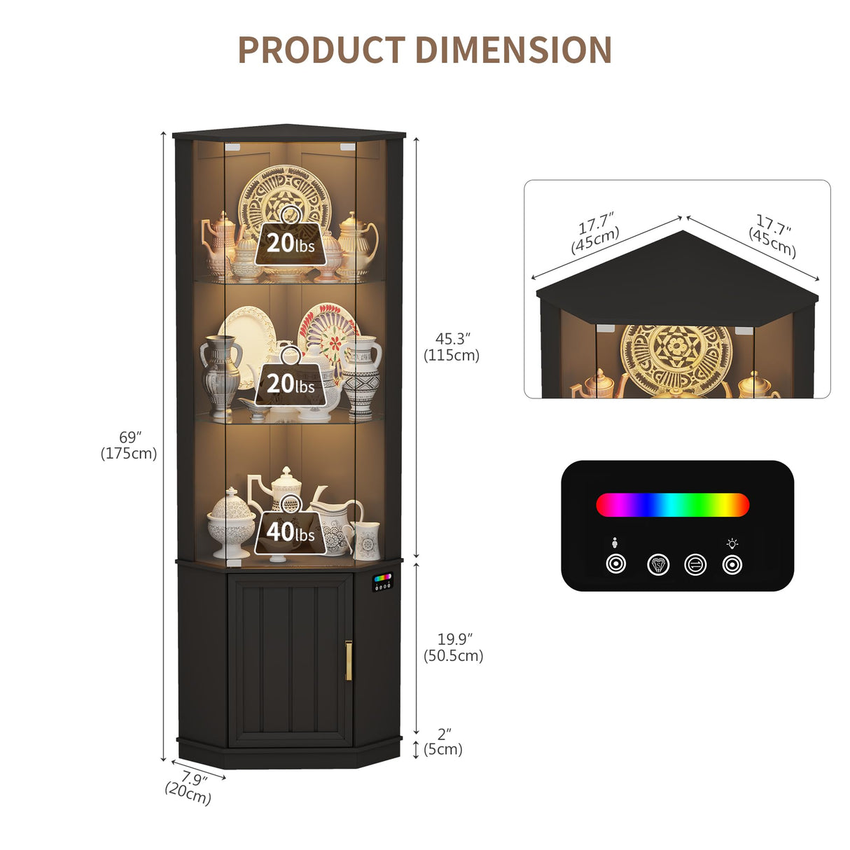 Lvifur 69" Corner Glass Display Cabinet with RGB Lights,3-Tier Movable Glass Shelves,Curio Display with Human Body Sensor,Bookcase with Storage Cabinet for Toys,Books,Collectibles,Liquor,Black Lvifur