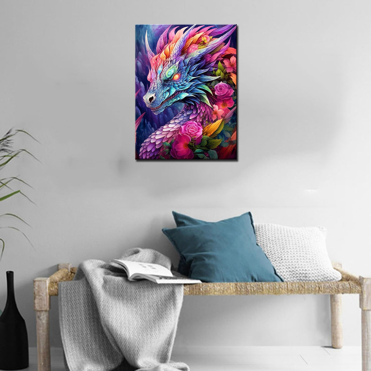 Fantasy Animal Dragon Diamond Painting DIY 5D, Numbering Kit, Tropical Pink Flowers Crystal Rhinestone Diamond Paintwork Mythical Wildlife Pictures Artwork Home Decor Adults Gift(12''Wx 16''H) TUMOVO