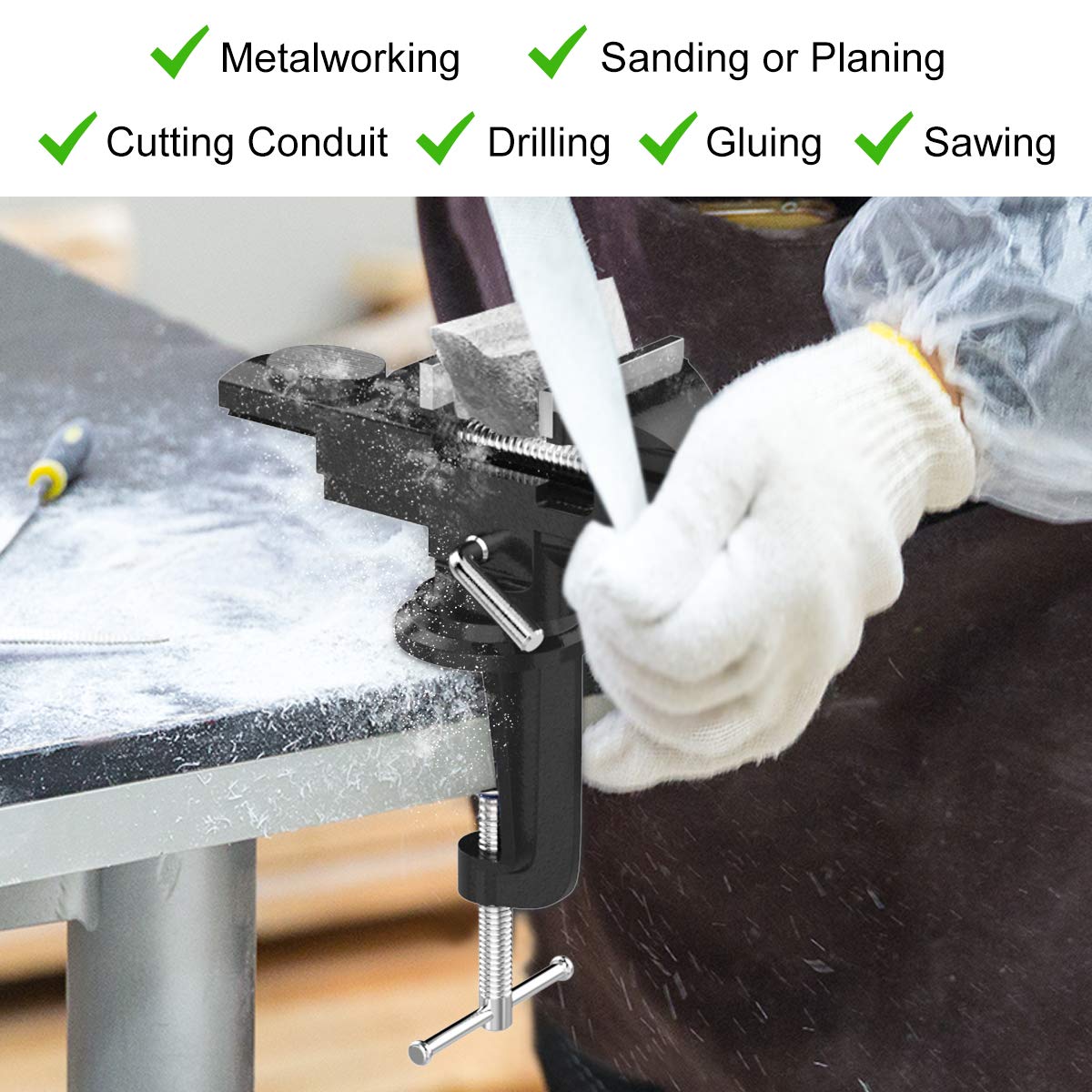 Housolution Universal Table Vise 3 Inch, 360°Swivel Base Bench Clamp Home Vise Clamp-On Vise Repair Tool Portable Work Bench Vise for Woodworking, Cutting Conduit, Drilling, Metalworking - Black Housolution