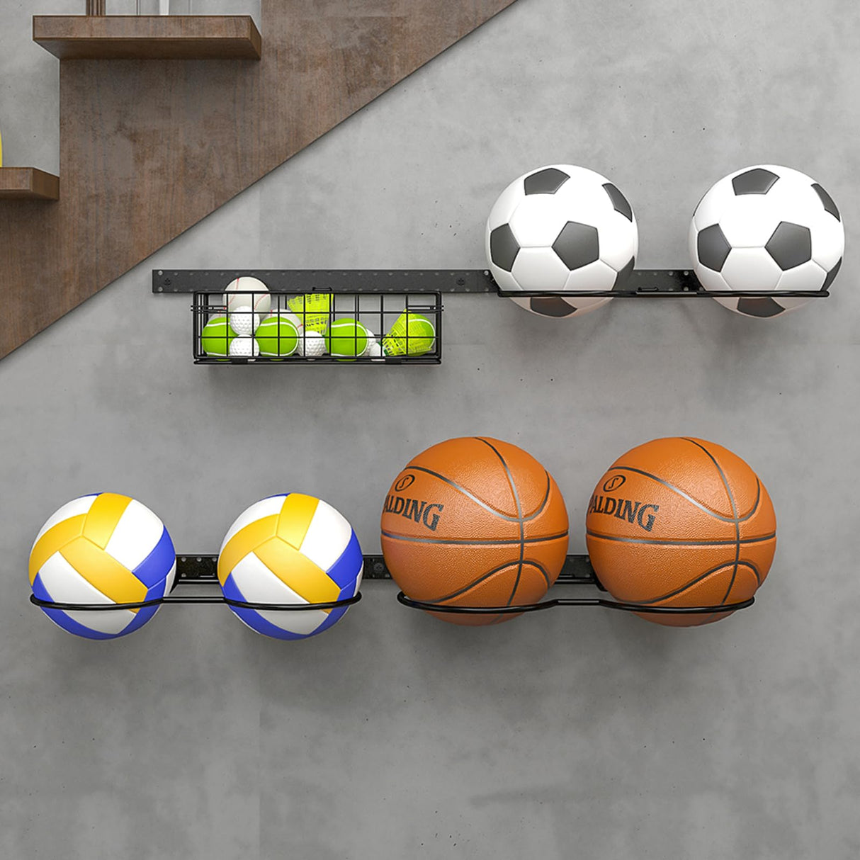 8 Tier Detachable Wall Mounted Basketball Rack,Vertical/Horizontal Football Holder,Holds 14 Balls DIY1/2/3/4 Soccer Stand,Height-Adjustable Ball Rack With Basket For Garage,Tool Room Feyejade